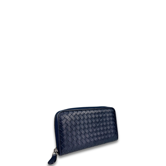 Bottega Veneta Navy Blue Intrecciato Full Size Zip Wallet