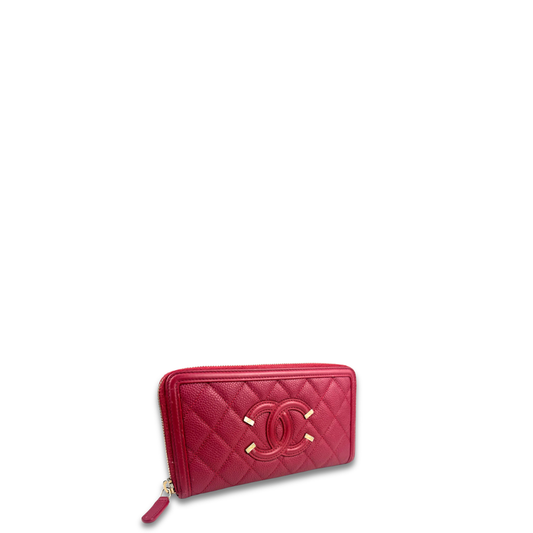 Chanel Red Caviar Filigree Zipper Wallet