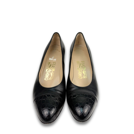 Ferragamo Black Patent Embossed Cap-Toe Pumps - Size 8