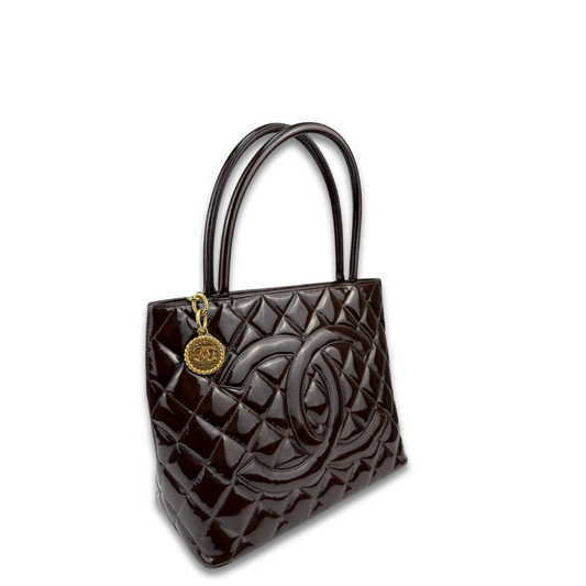 Chanel Brown Patent Leather Medallion Tote