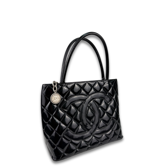 Chanel Black Patent Leather Medallion Tote