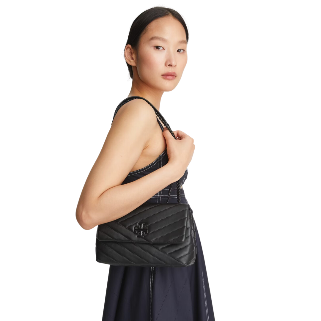Kira Chevron Powder Coated Small Flap Shoulder Bag in black leather