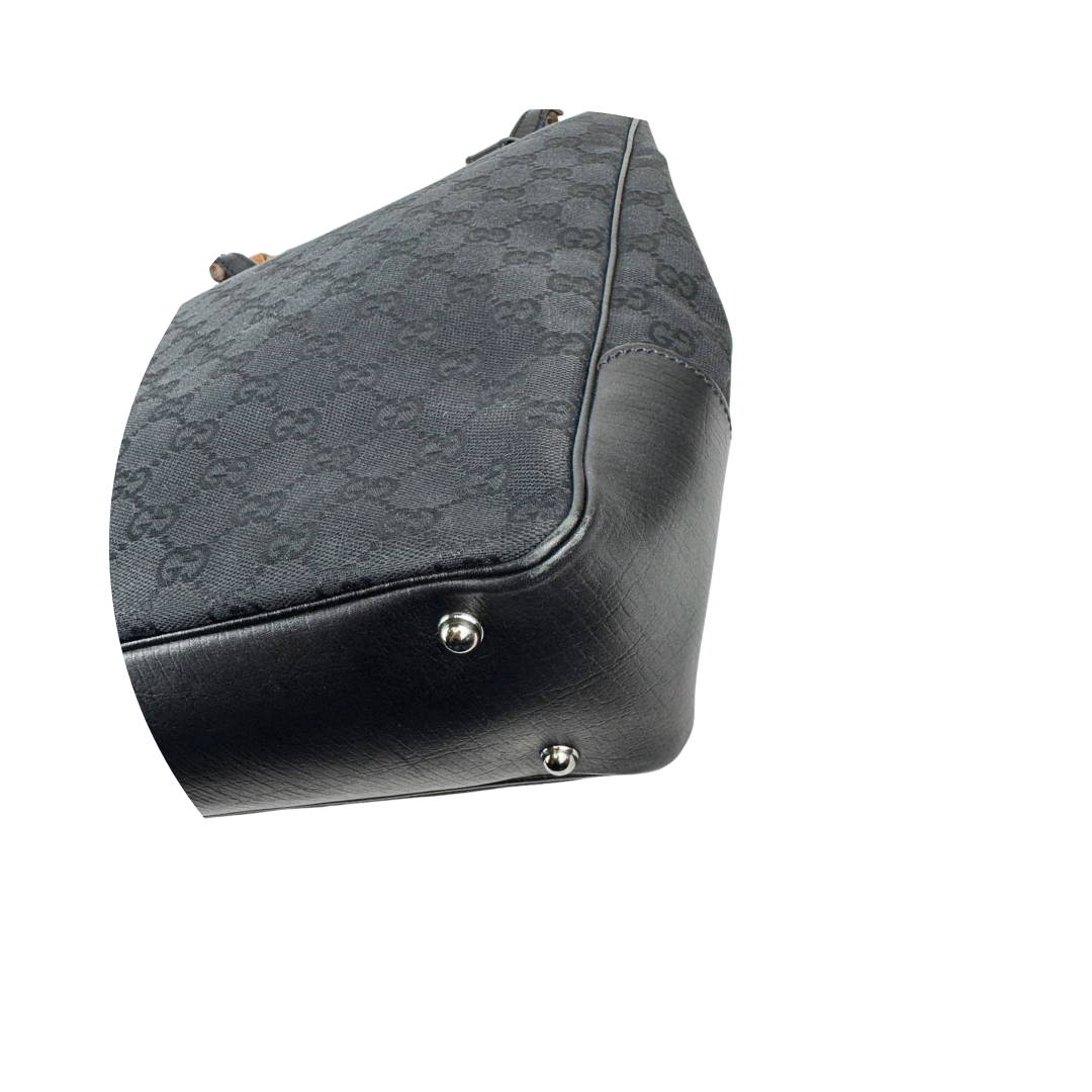 Gucci Black GG Canvas Bamboo Tote