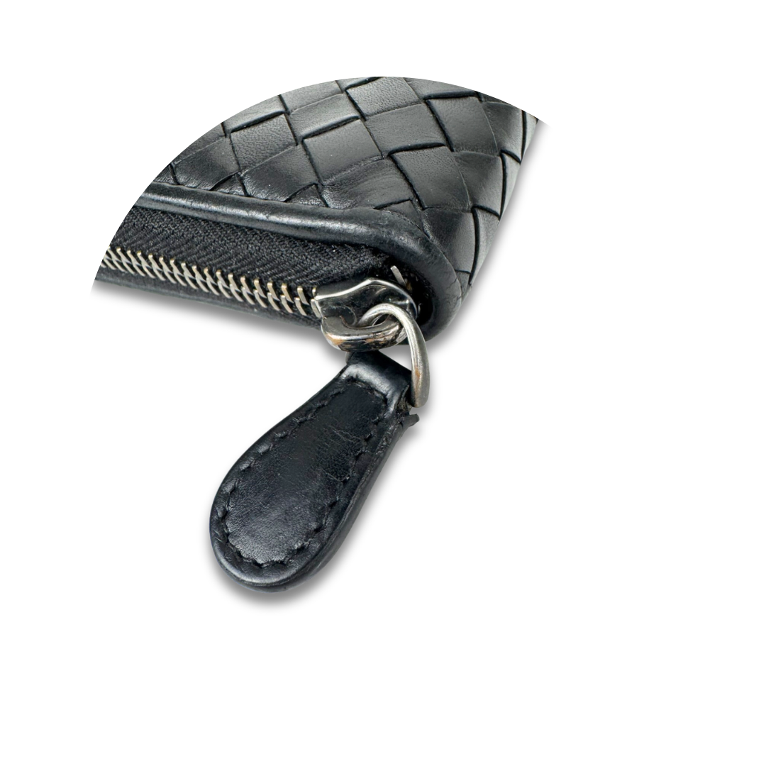 Bottega Veneta Black Intrecciato Zipper Wallet