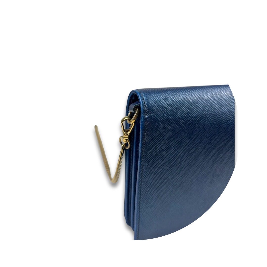 Prada Metallic Blue Saffiano Flap Crossbody