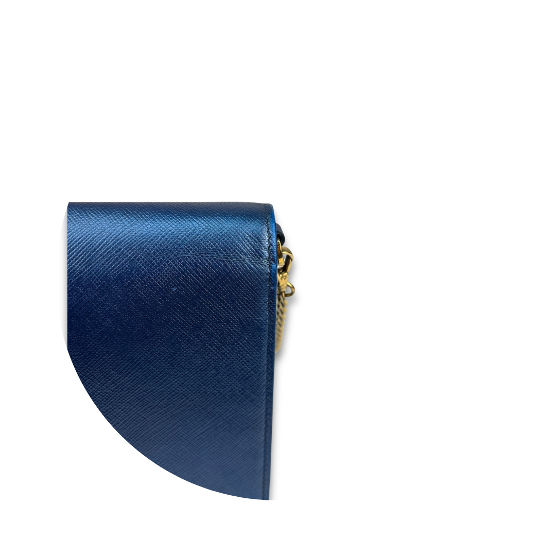 Prada Metallic Blue Saffiano Flap Crossbody