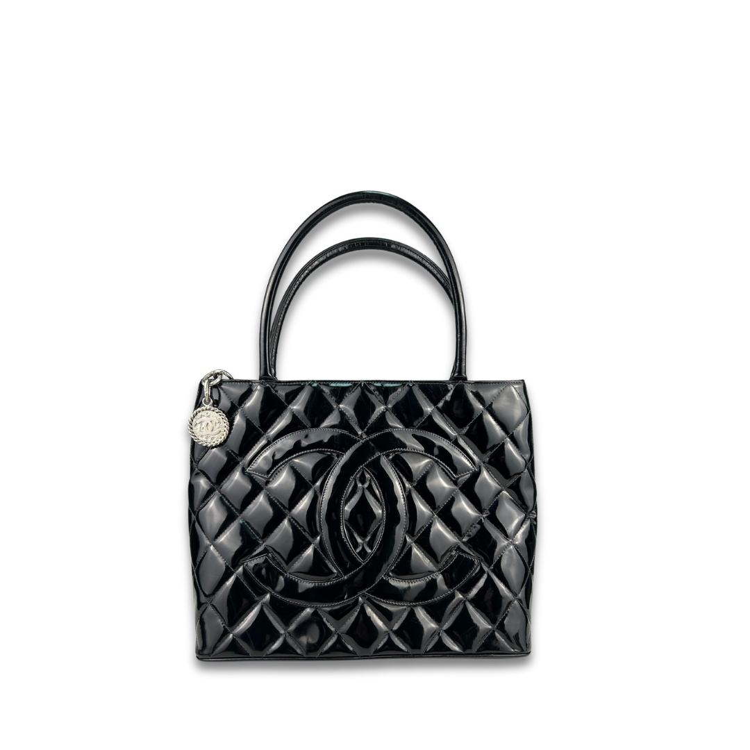 Chanel Black Patent Leather Medallion Tote