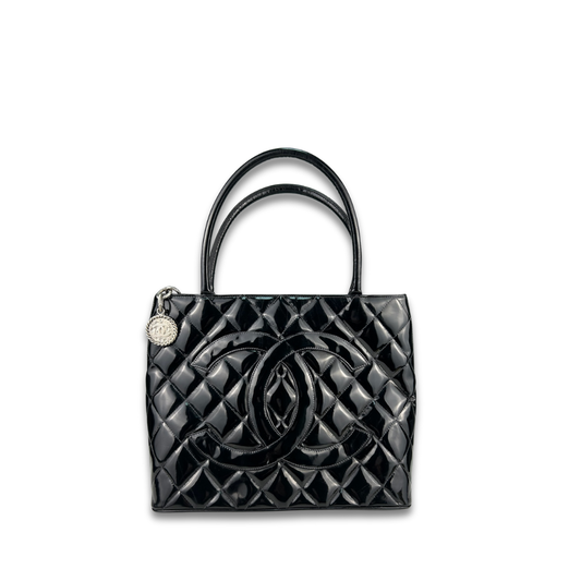 Chanel Black Patent Leather Medallion Tote