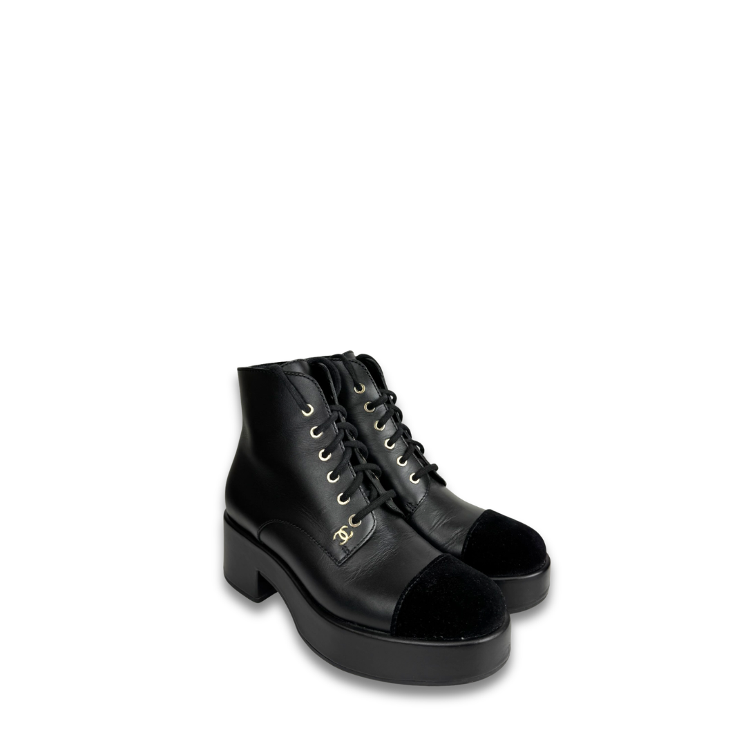 Chanel Calfskin Velvet CC Cap Toe Boot- Size 38.5
