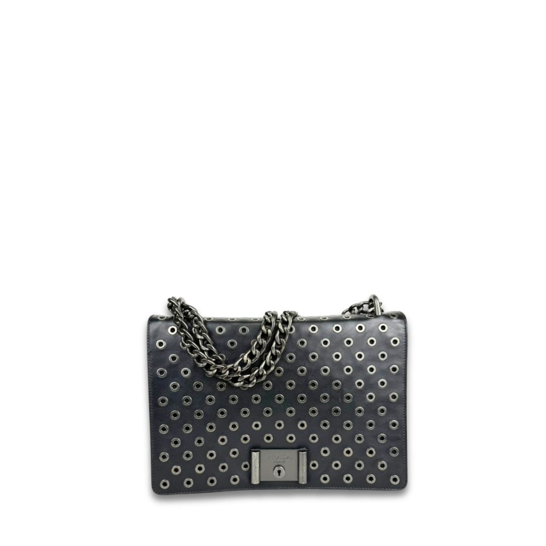 Prada Soft Calf Grommet Lock Flap Chain Shoulder Bag