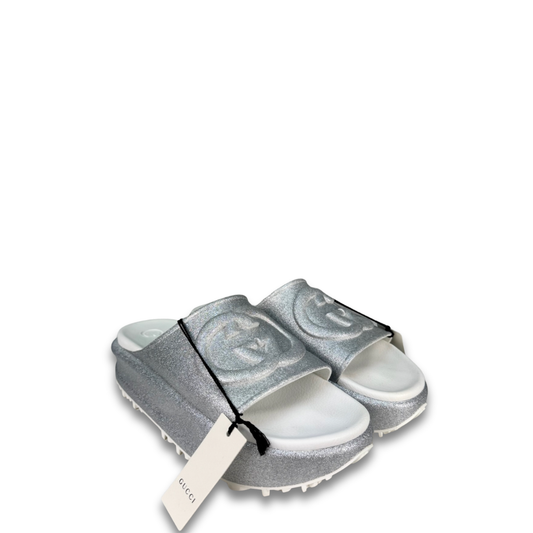 Gucci Silver Interlocking G Platform Slides - Size 40