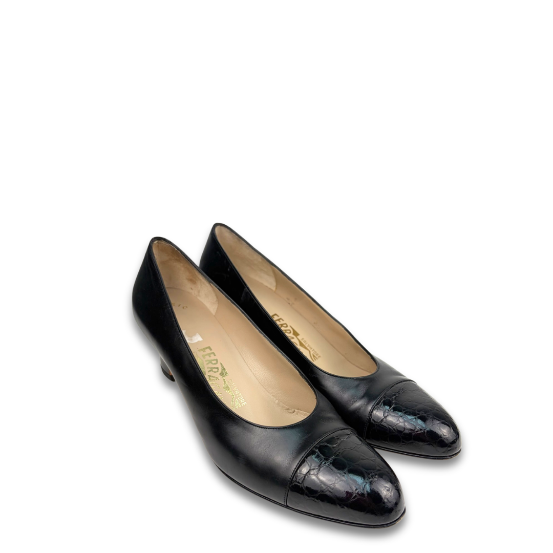 Ferragamo Black Patent Embossed Cap-Toe Pumps - Size 8