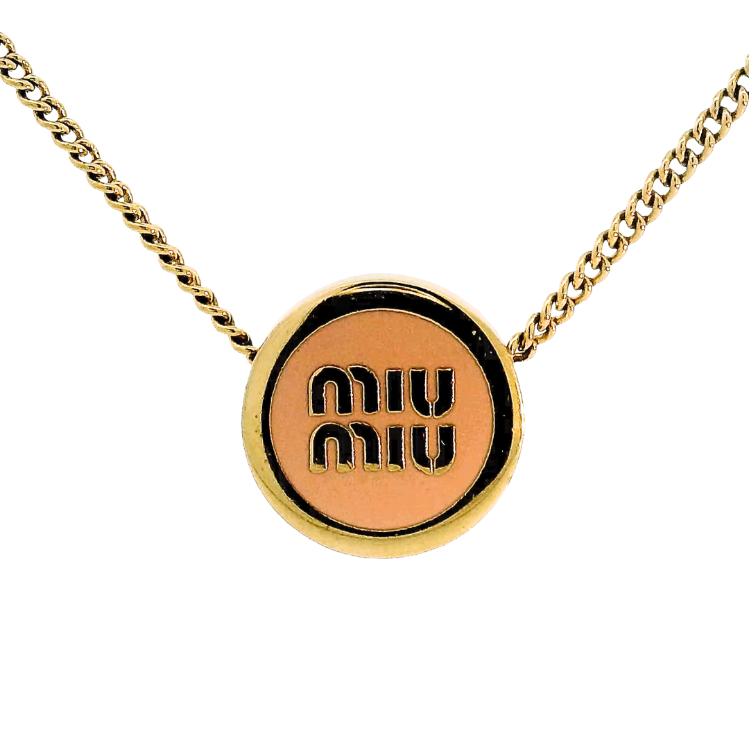 Miu Miu Pink Enamel Logo Pendant Necklace