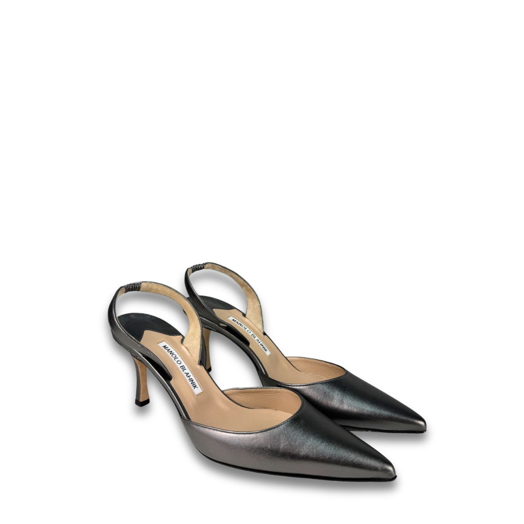 Manolo Blahnik Pewter Carolyne 70 Slingbacks - Size 40