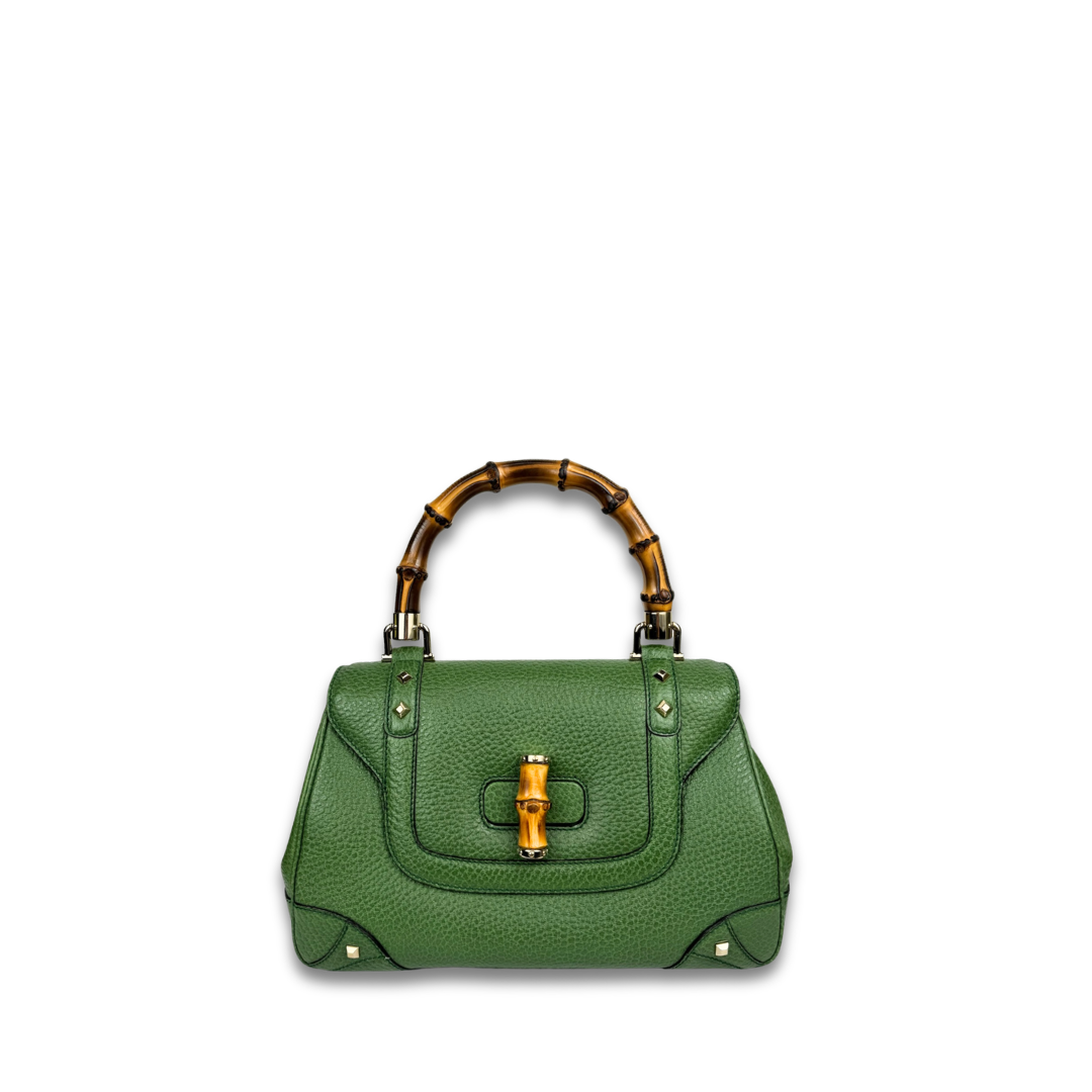 Gucci Green Nailhead Bamboo Top Handle Bag