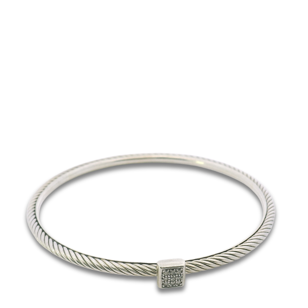 David Yurman Sterling Silver Sculpted Square Pavé Diamond Bangle