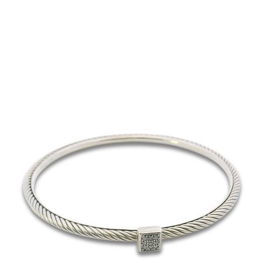 David Yurman Sterling Silver Sculpted Square Pavé Diamond Bangle