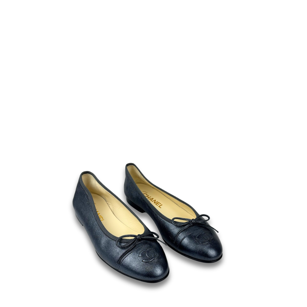 Chanel Metallic Gunmetal Ballet Flats - Size 37.5
