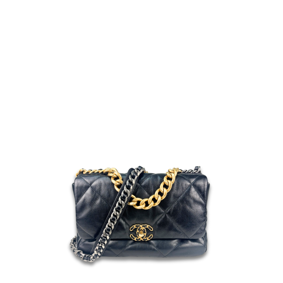 Chanel Black Goatskin Quilted Medium 19 Flap