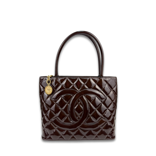 Chanel Brown Patent Leather Medallion Tote