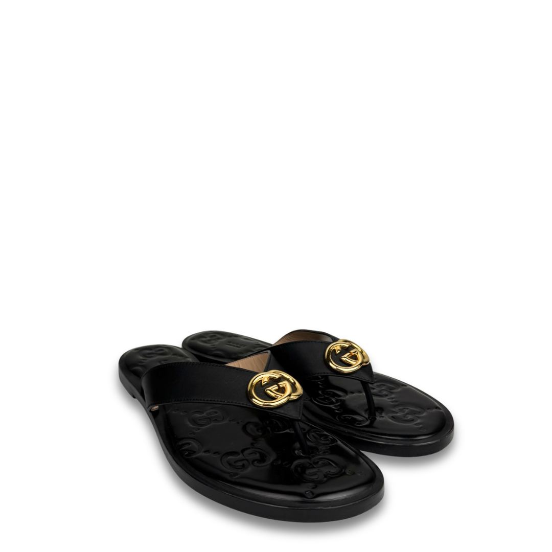 Gucci Black Interlocking Logo Thong Sandal - Size 41