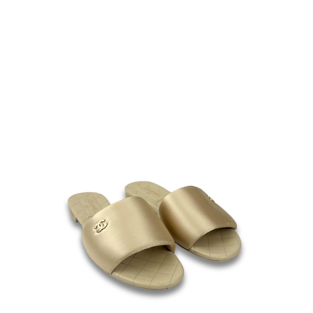Chanel Beige Satin Mule Sandals - Size 38