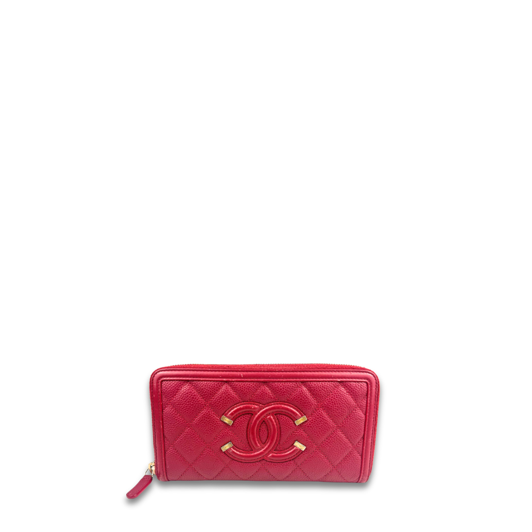 Chanel Red Caviar Filigree Zipper Wallet