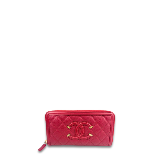 Chanel Red Caviar Filigree Zipper Wallet