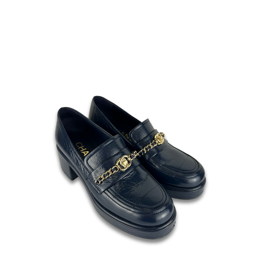 Chanel Navy Patent Chainlink Loafers - Size 37
