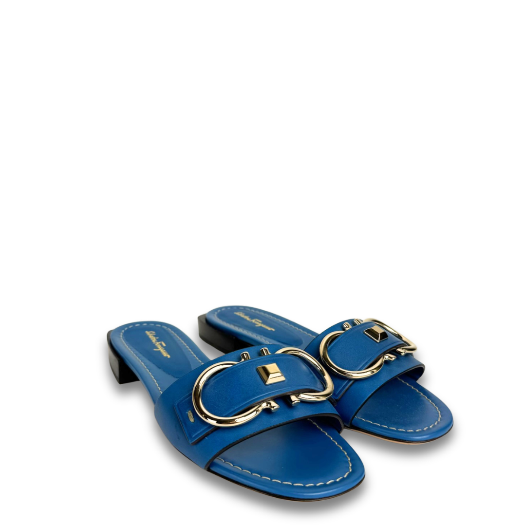 Ferragamo Teal Solar Mule Sandals - Size 6