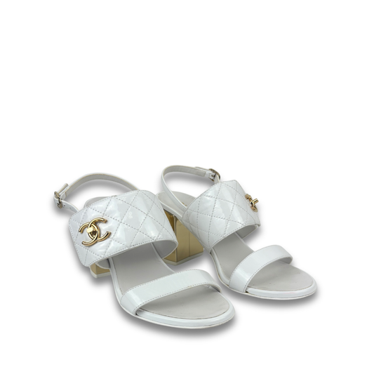 Chanel White Patent Heeled Sandals - Size 37