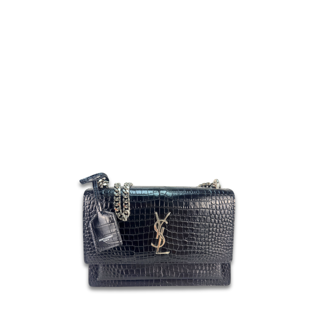 YSL Croc-Embossed Medium Sunset Shoulder Bag
