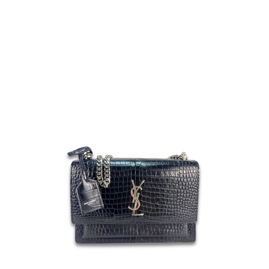 YSL Croc-Embossed Medium Sunset Shoulder Bag