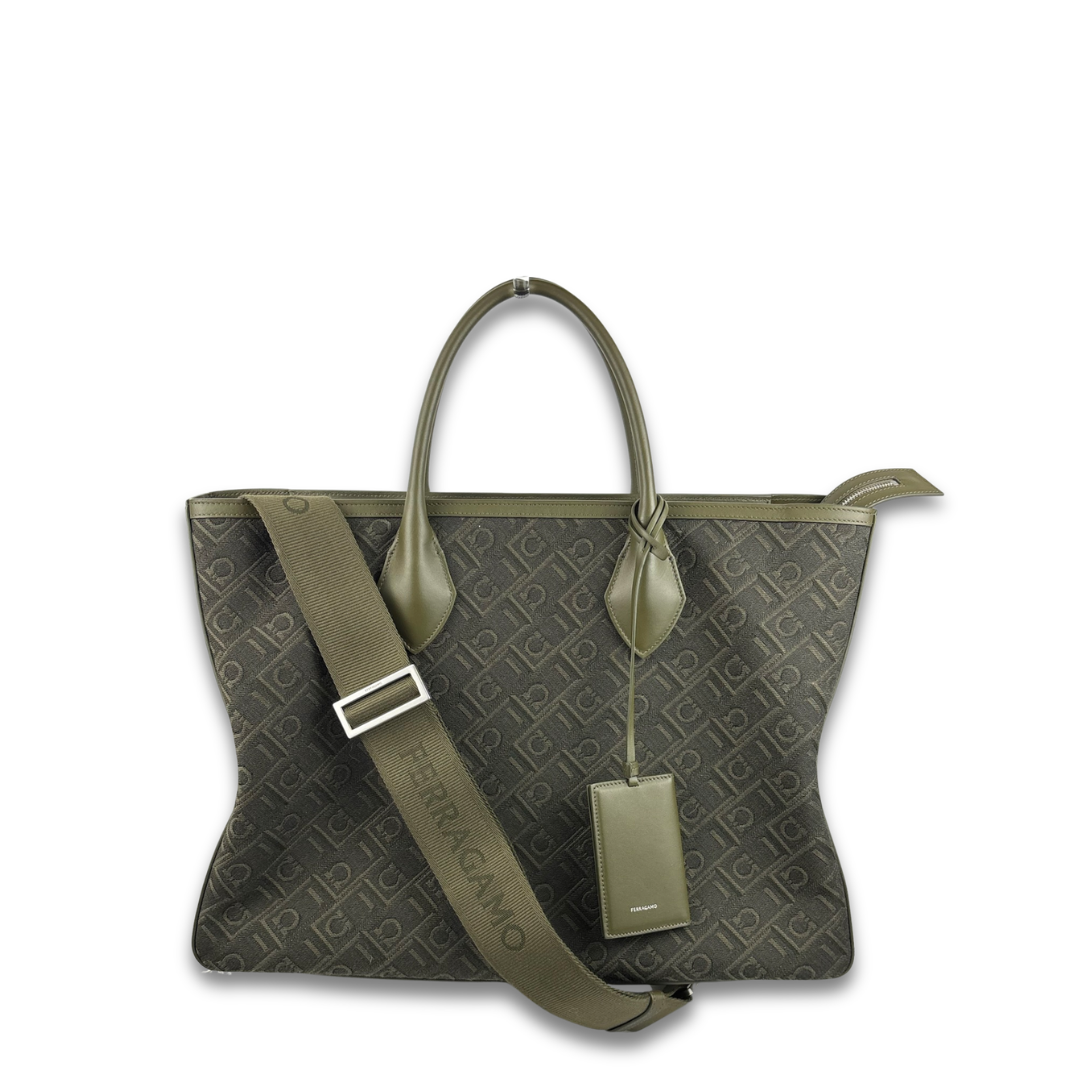 Ferragamo Green Jacquard Top Handle Tote