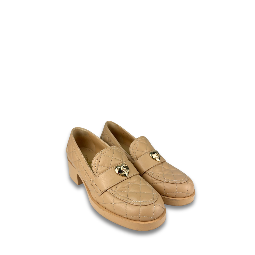 Chanel Beige Quilted Heart Loafers