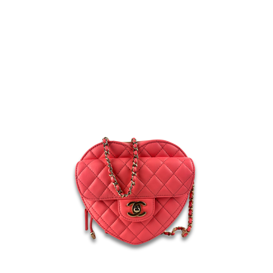 Chanel Pink Quilted CC In Love Heart Clutch with Chain