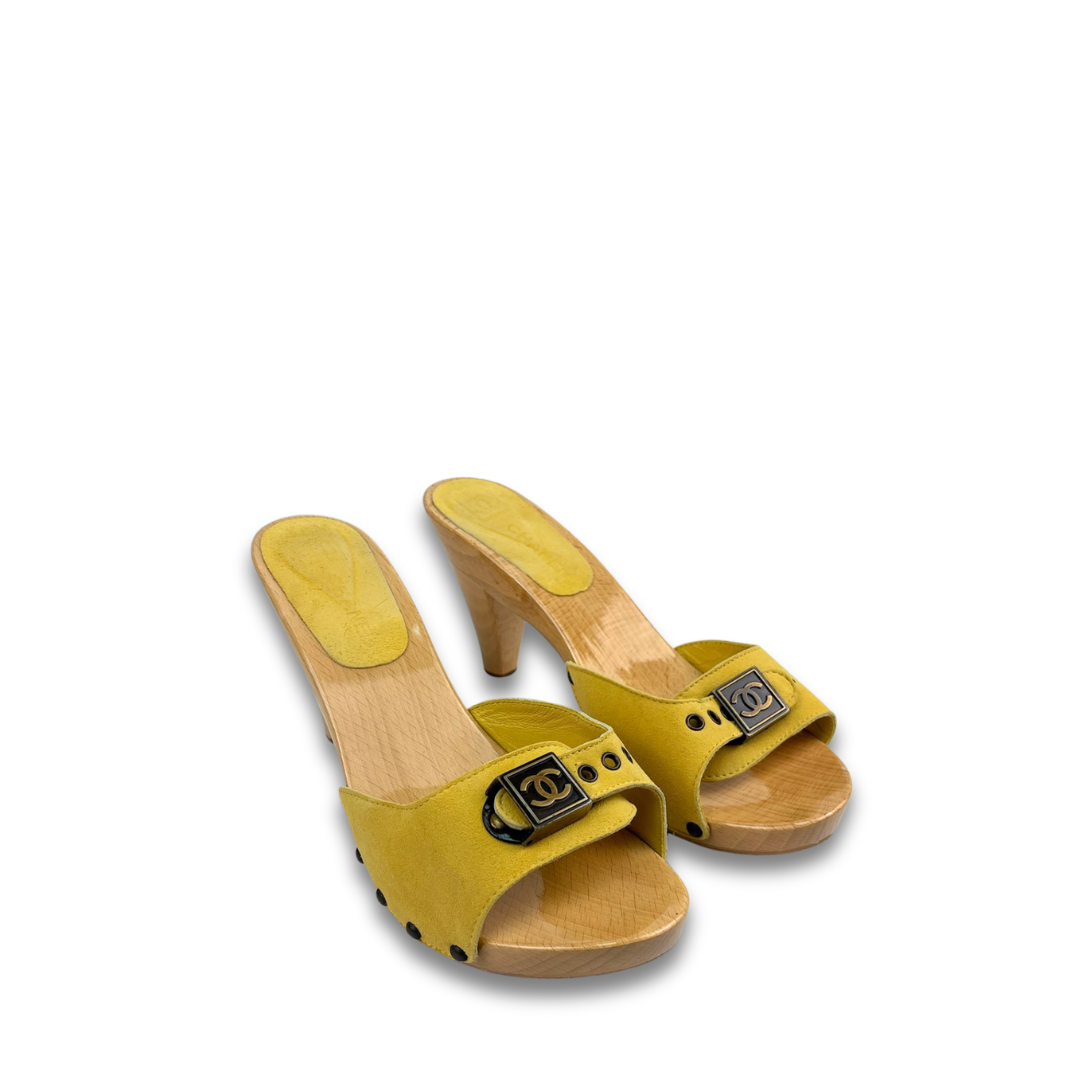 Chanel Yellow Suede Wooden Heels - Size 38