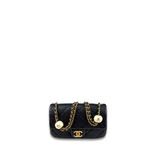 Chanel Black Lambskin Double Pearl Mini Flap