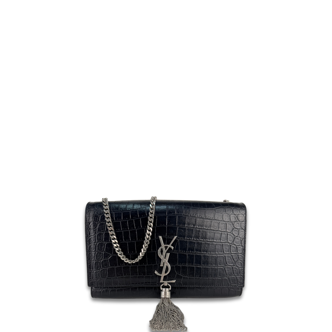 YSL Croc-Embossed Medium Kate Tassel Bag