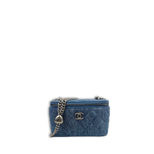 Chanel Camellia Denim Sweetheart Adjustable Chain Vanity Case
