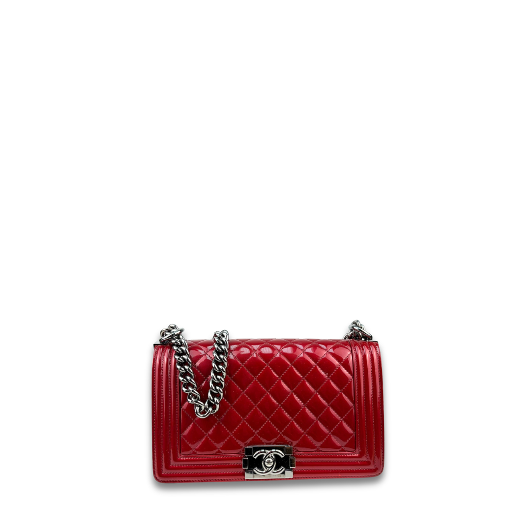 Chanel Red Metallic Patent Leather Medium Boy Bag