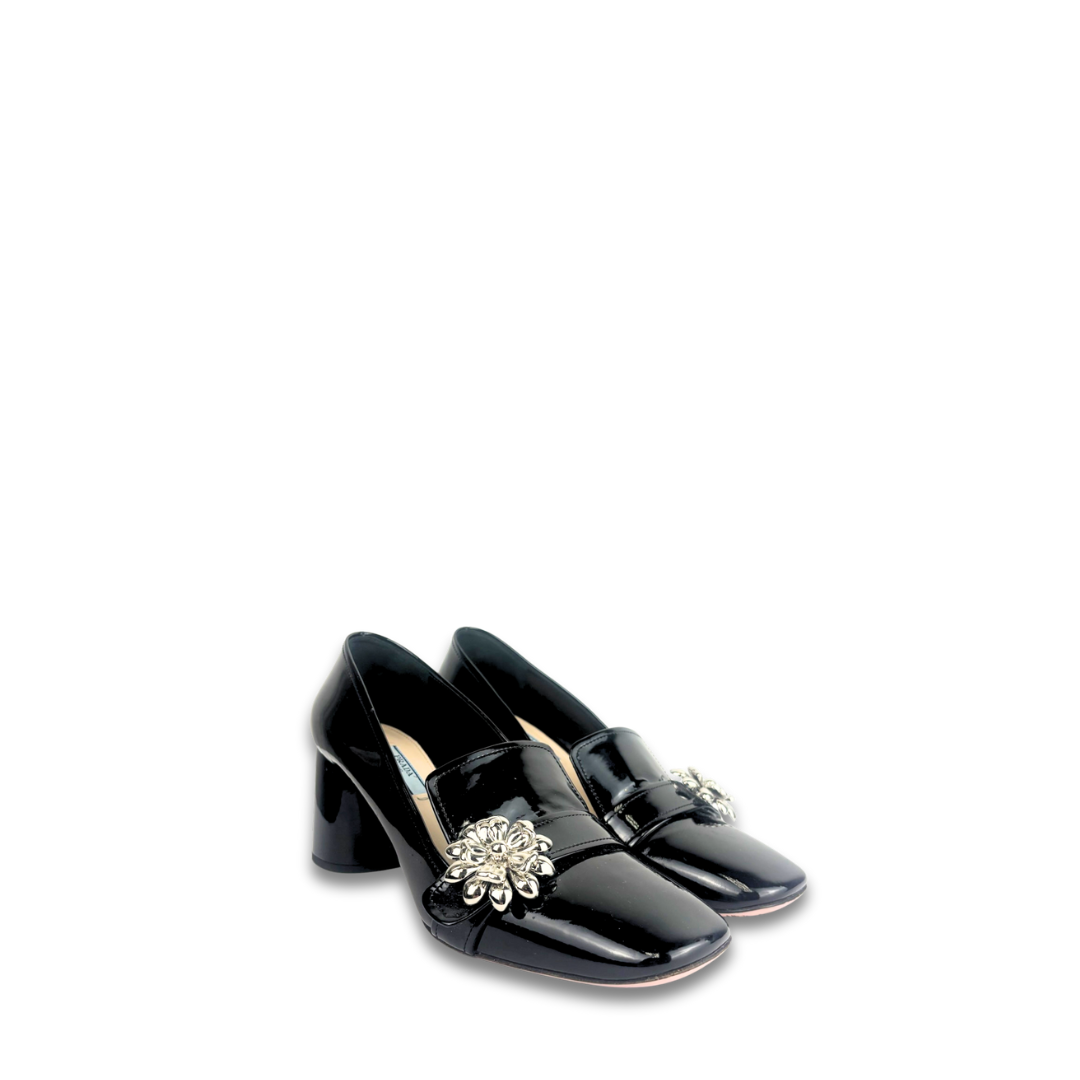 Prada Patent Leather Embellished Flower Heels - Size 39