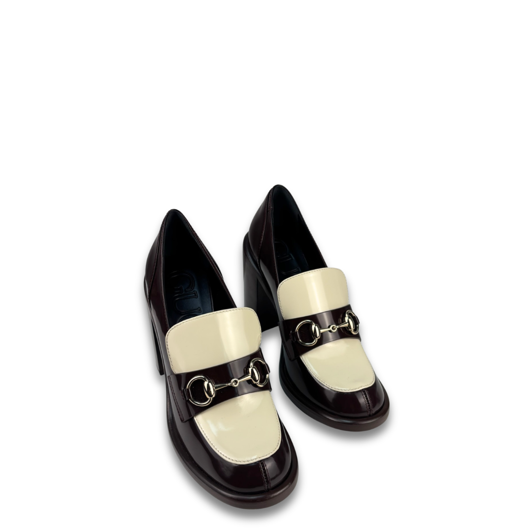 Gucci Brown and White Horsebit Platform Loafers - Size 37