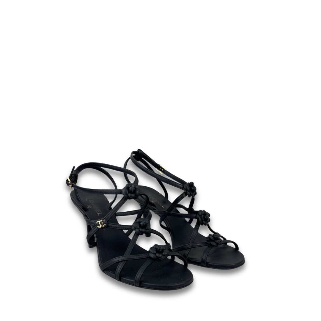 Chanel Camellia Strappy Heeled Sandals - Size 37