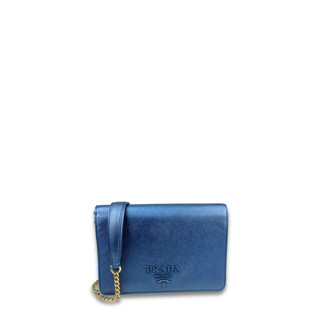 Prada Metallic Blue Saffiano Flap Crossbody