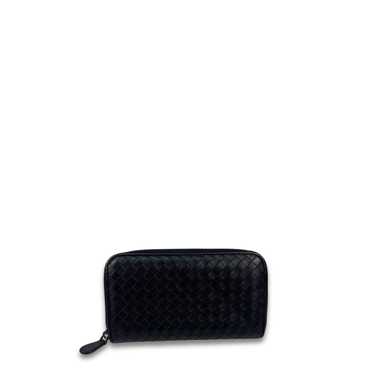 Bottega Veneta Black Intrecciato Full Size Zip Wallet