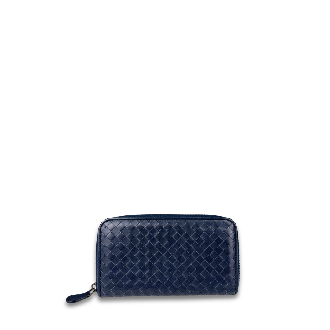 Bottega Veneta Navy Blue Intrecciato Full Size Zip Wallet