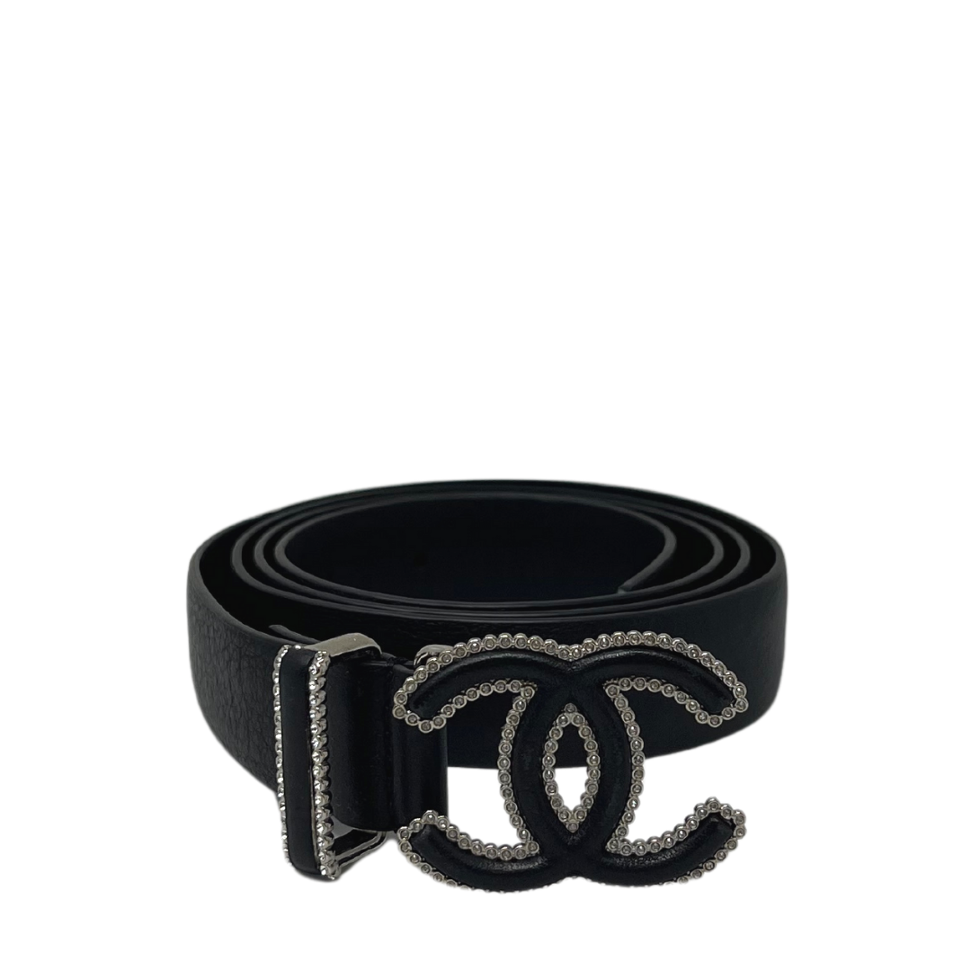 100% Auth CHANEL CC Bow-Tie Sparkle Patent Leather Belt Sz 75/30 Black
