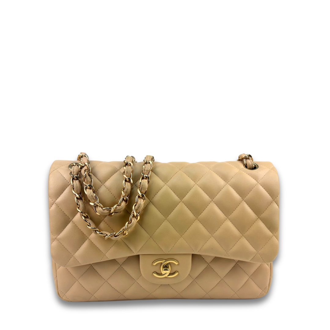 Chanel Beige Lambskin Classic Jumbo Double Flap