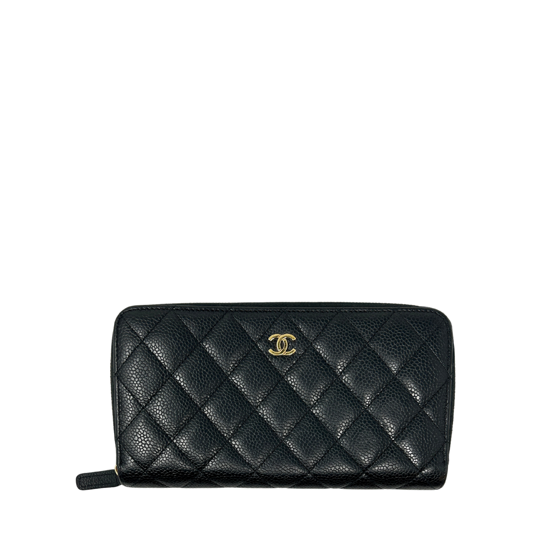 CHANEL Classic Zipped Wallet Black Caviar with Silver Hardware
